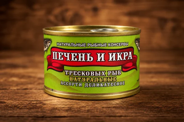 Жестяная банка натурального ассорти из печени и икры тресковых рыб на деревянном фоне