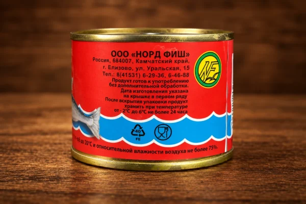 Этикетка натуральной кеты с данными изготовителя «Норд Фиш» и условиями хранения после вскрытия
