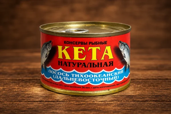 Жестяная банка натуральной кеты «Норд Фиш», 220 г, на деревянном фоне