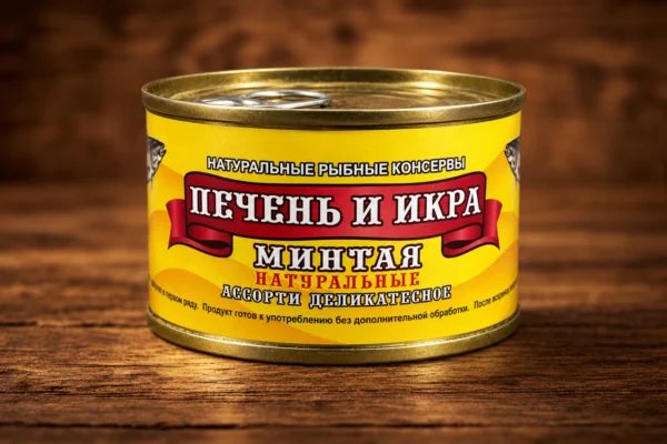 Жестяная банка натурального ассорти из печени и икры минтая на деревянном фоне
