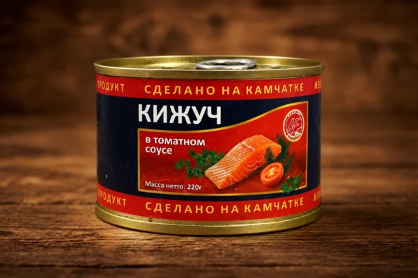 Жестяная банка кижуча в томатном соусе «Норд Фиш», 220 г, на деревянном фоне